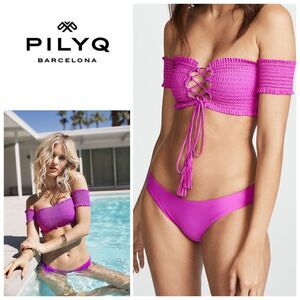 New fuchsia smocked bikini set. My bottoms are a slightly different design